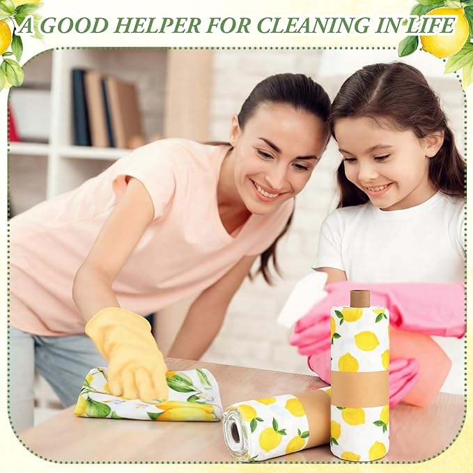Redbaker 30 Pcs Reusable Paper Towels Rolls Towels Bulk Kitchen Washable Paperless Cloth Cotton Hand Napkins with Cardboard Reusable Napkins for Kitchen Bathroom (Lemon Style)