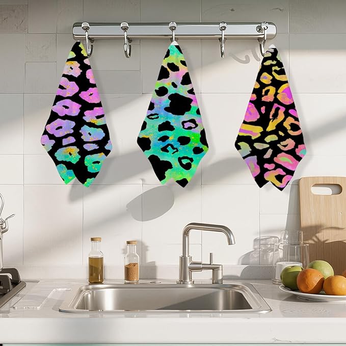 3 Pcs Colorful Animal Print Kitchen Towels, Charming Decorative Absorbent Microfiber Dish Cloth Tea Towel, Trendy Waffle Soft Hand Towels for Farmhouse Home Bathroom, Housewarming Gifts