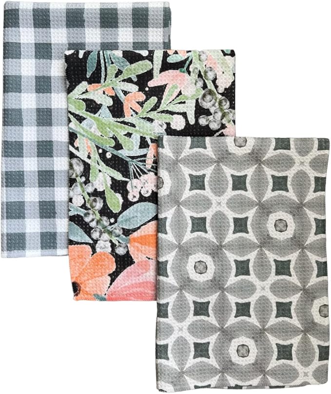 || 3 Pack|| Double Sided Dish Towels || Waffle Weave Microfiber || Highly Absorbent || Hanging Loop || Dish Cloths || Modern || Designer Prints || Lights (Pewter)
