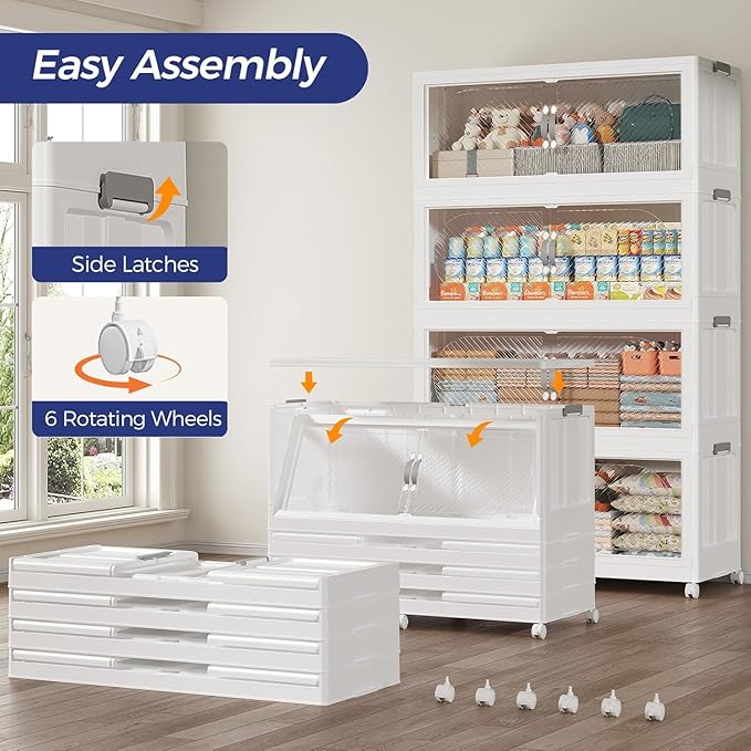 720QT Extra Large Stackable Storage Bins with Lid, 180Gal Plastic Closet Organizers and Storage Drawer, Collapsible Cabinet Box with Wheels Clear Doors for Home Kitchen Office, 3Pack White