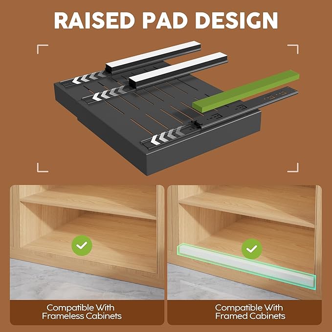 Seinloes 6Pack Expandable Pull Out Cabinet Organizer 21"Deep with Raising Pad for Framed Cabinets,Slide Out Drawers with 4pcs Divider Racks,Roll Out Shelves Adhesive,Adjustable Width 12.05"-20.4"Black