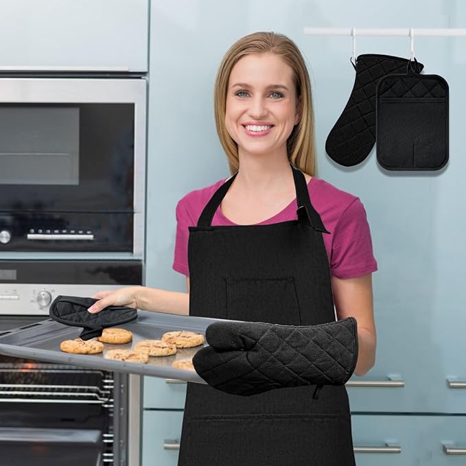 Oven Mitts and Pot Holders with Cooking Apron Set of 5, Heat Resistant Kitchen Gloves and Silicone Non-Slip Potholders, Adjustable Neck Buckle Chef Apron, Cotton Nice Design for Cooking (Black)…