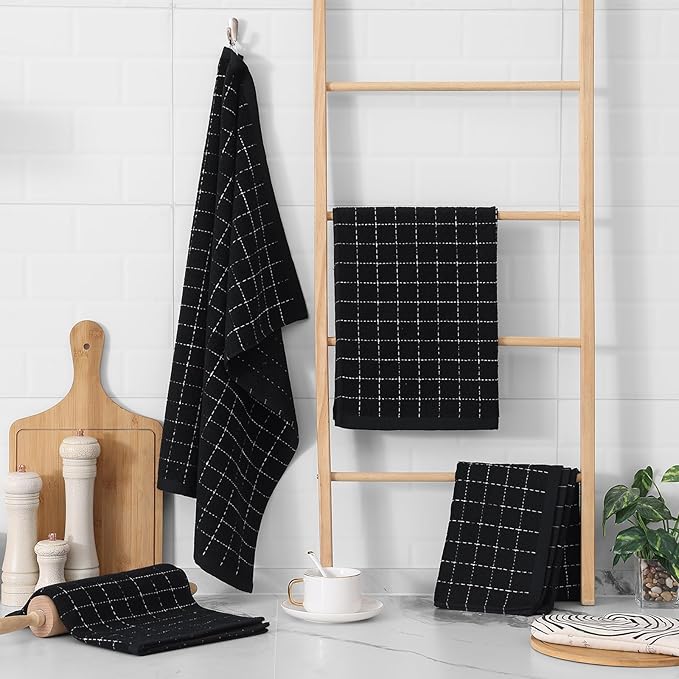 Homaxy 100% Cotton Terry Kitchen Towels(Black, 20 x 28 inches), Checkered Designed, Soft and Super Absorbent Dish Towels, Large 8 Pack