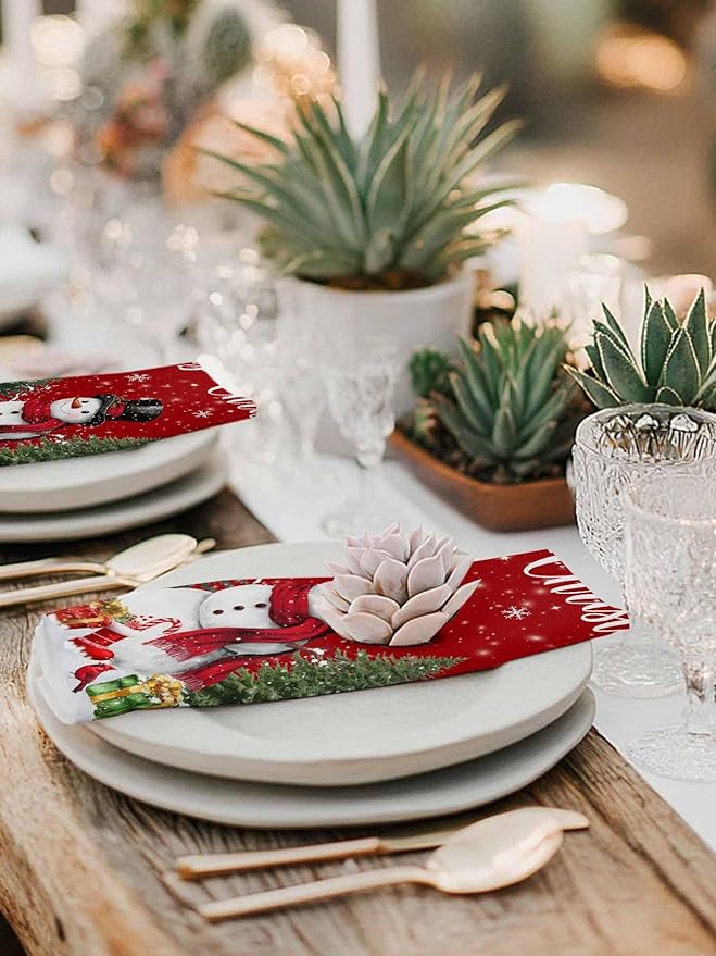 Snowman Red Cloth Napkins Set of 6 - Christmas Tree Washable Dinner Napkins Snowflake Winter Xmas Pine Table Reusable Napkin for Home Party Wedding Dining Table Setting Decoration, Oversized 20"x20"