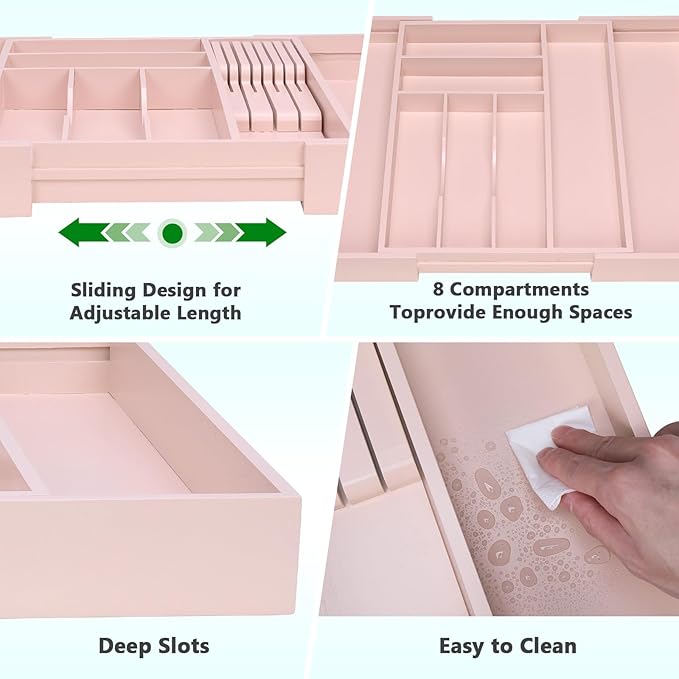 9-Piece Bamboo Kitchen Drawer Organizer Set, Expandable Silverware &Utensil Organizer with Removable Knife Block & Steak Knives, Flatware Organization, Tableware Dividers Storage(Pink)