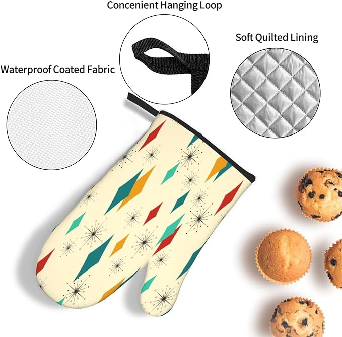 Mid Century Modern Oven Mitts and Pot Holders Set Heat Resistant Non Slip Set of 3 Retro Decor Kitchen Gloves Hot Pads for Cooking BBQ Baking Grilling