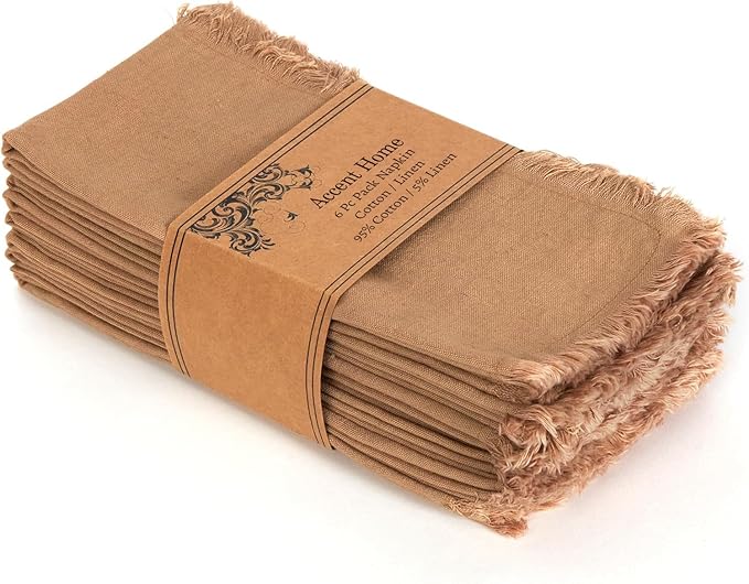 ACCENTHOME Brown Cotton Linen Napkin Set of 6 18x18 inch Dinner Napkins - Washable Soft Premium Hotel Quality Reusable Napkins Perfect Table Napkins for Family Dinners, Weddings & Everyday Use