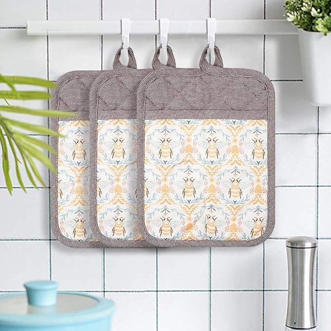 Pot Holders Set of 3 Silicone Printing Non Slip Heat Resistant, Yarm-Dyed Hot Pads Cotton Home Kitchen Cooking Barbecue Microwave Women Men Machine Washable BBQ Grilling. (Khaki Potholdes)
