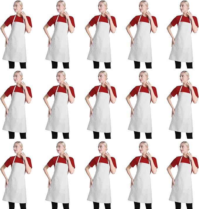 Total 15 PCS Plain Color Bib White Apron for Women Adult with 2 Front Pocket