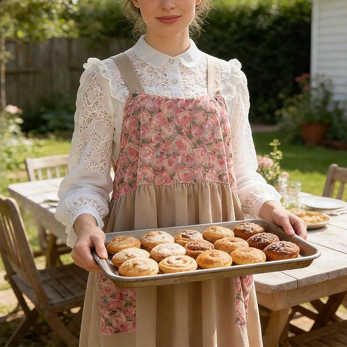 Uaussi Cotton Linen Apron Cross Back Work Apron for Women with Pockets Pinafore Dress X Cross Halter Apron for Chef Gardening