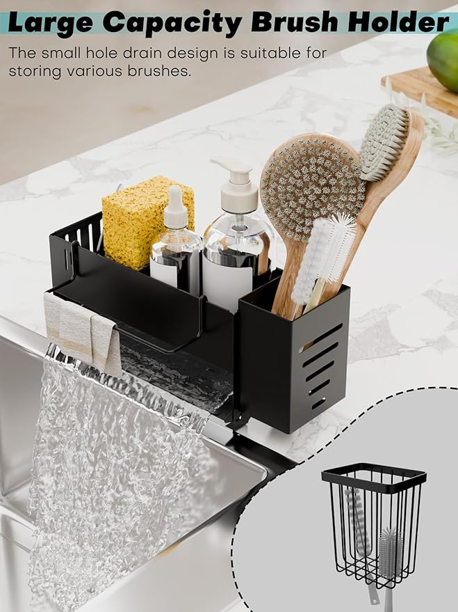 Kitchen Sink Caddy Organizer, Sponge Holder for Kitchen Sink with Upgraded Extra-Wide Drain Board, Efficient Drainage, Stainless Steel with Rust-Resistant Coating
