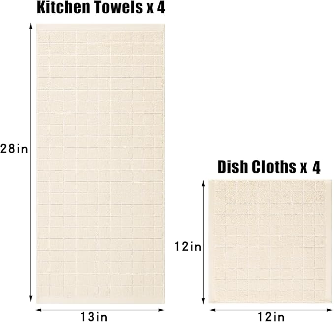 Homaxy Kitchen Towels and Dishcloths Set, 12 x 12 and 13 x 28 Inches, Set of 8 Bulk Cotton Terry Kitchen Towels Set, Checkered Designed, Soft and Super Absorbent Dish Cloths, Beige