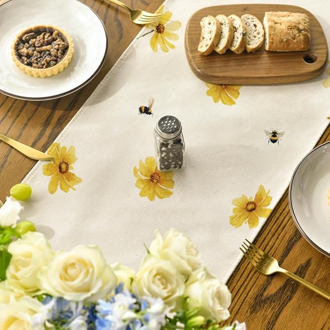 Artoid Mode Yellow Flowers Daisy Bees Summer Table Runner, Seasonal Easter Fall Holiday Kitchen Dining Table Decoration for Home Party Indoor 13x90 Inch