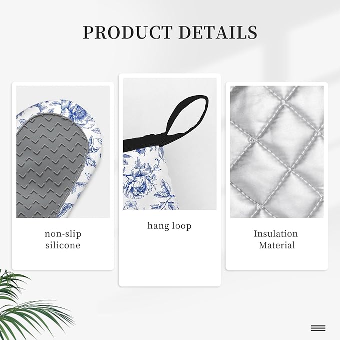Floral Oven Mitts and Pot Holders Sets of 3, Blue Floral Silicone Oven Mitts Birthday for Flower Lover Kitchen Decor, Botanical Print Heat Resistant Non-Slip Oven Gloves for Mom Wife Sister BFF