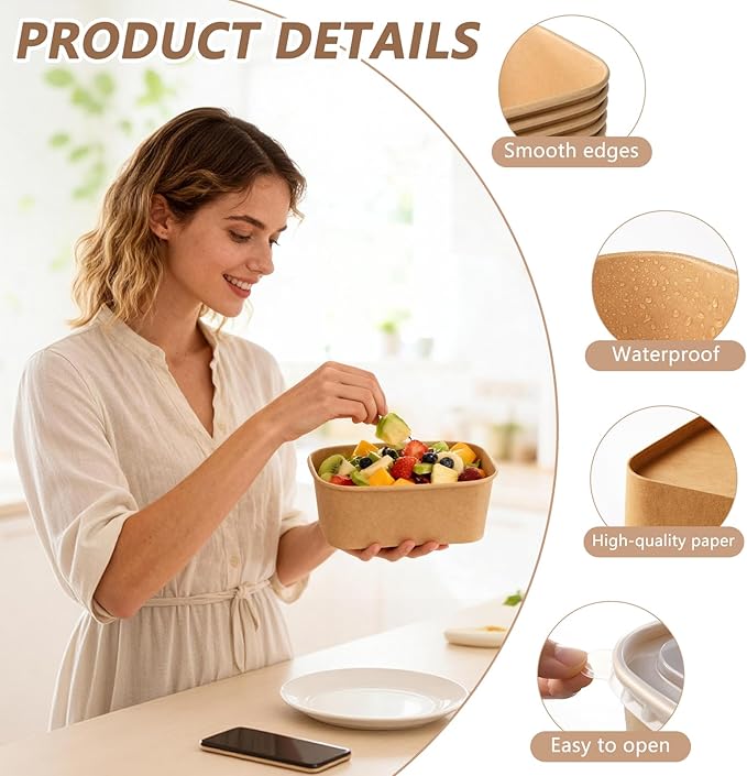 50 Sets 33oz Disposable Kraft Paper Bowls with Lids, Large Paper Food Containers with Lids, Salad Bowls for Hot/Cold Food, Meal Prep, Ice Cream, Takeout, Party Supplies(Rectangle, 1000ml)