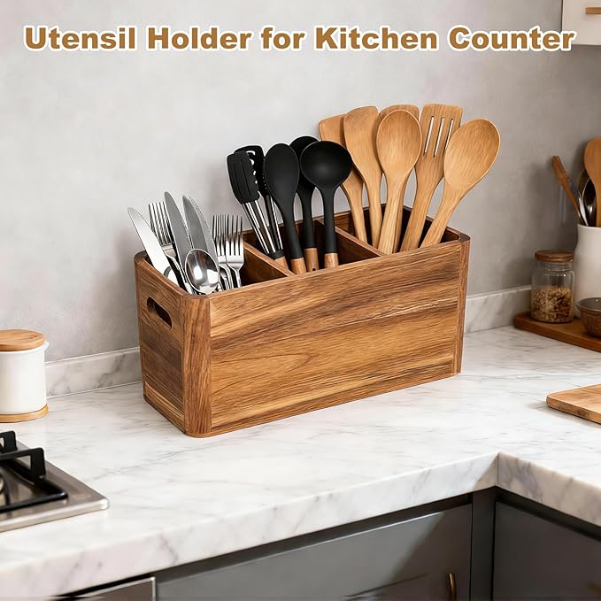 Utensil Holder, Kitchen Utensil Holder, Acacia Wooden Utensil Holder, Kitchen Utensil Holder for Countertop, Large Utensil Holder for Storage Cooking Tools and Silverware with 3 Compartments