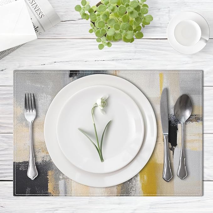 Emvency Farmhouse Placemats Set of 6, Modern Neutral Mustard Minimalist 12x18 Inch Linen Rectangular Place Abstract Beige Table Mats for Indoors & Outdoor Home Party Kitchen Dining Decoration