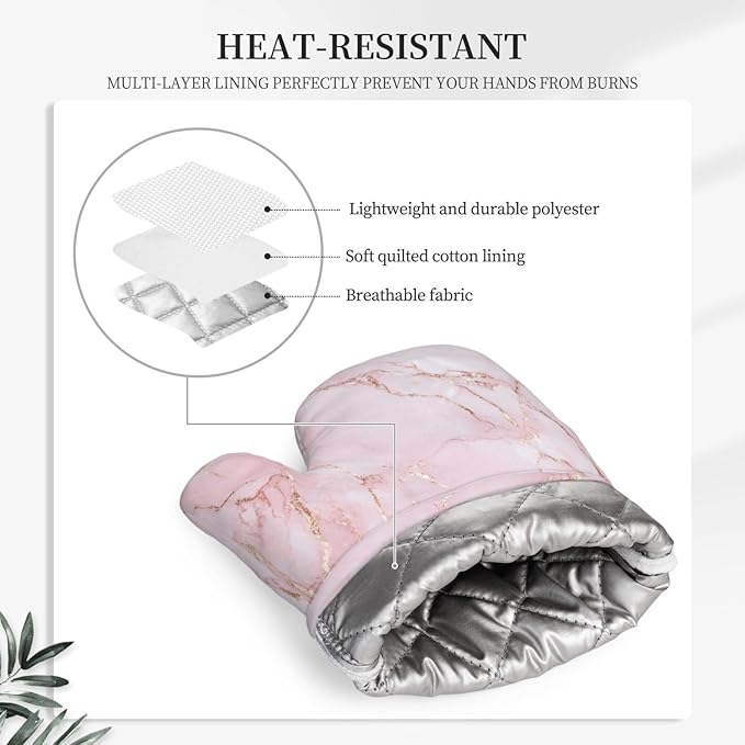 Oven Mitts and Pot Holders Light Pink Marble Art Silicone Kitchen Accessories Set of 2 Heat Resistant Long Gloves Potholder Non-Slip Grip for Chef Cooking,Baking,Grilling,BBQ