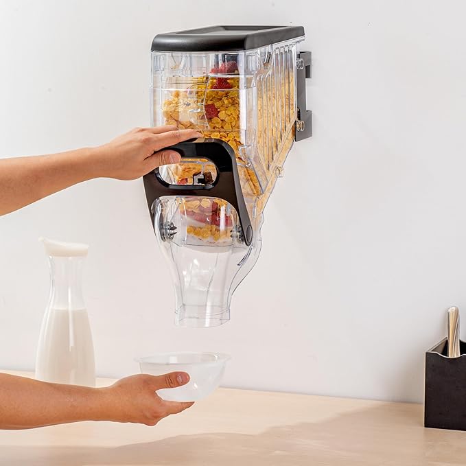 Restaurantware Cereal Dispenser 2 gal Plastic Wall-Mounted Gravity Bin Candy Dispenser Self-Serve Black Dry Food with Wall Mount Brackets for Breakfast Buffet or Hotel Use