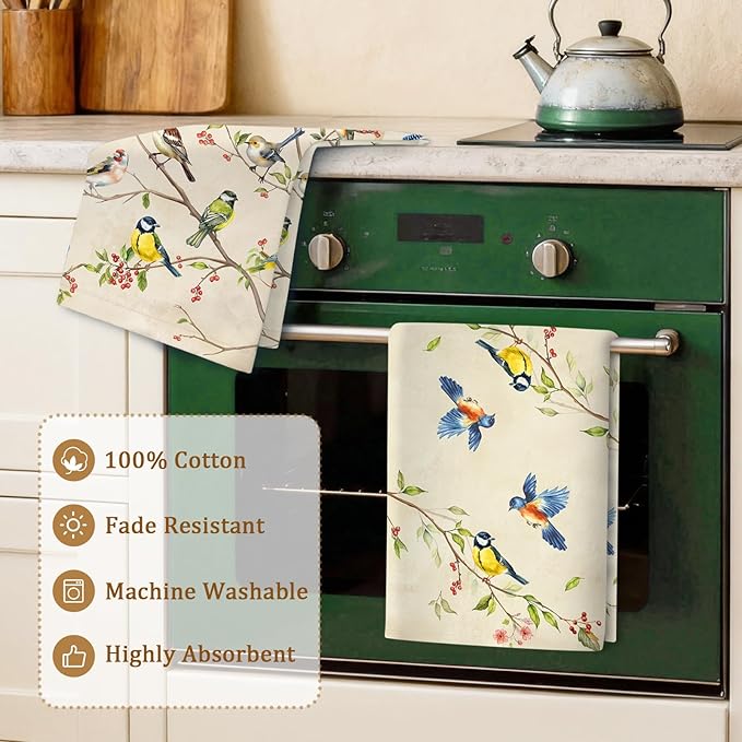 Bird Branch Tea Towels 100% Cotton Quick Dry Retro Kitchen Towels, 18.9 x 27.5'' Absorbent Dish Cloth for Kitchen Home Decor, Housewarming, Birthday Gifts for Mom, Set of 4