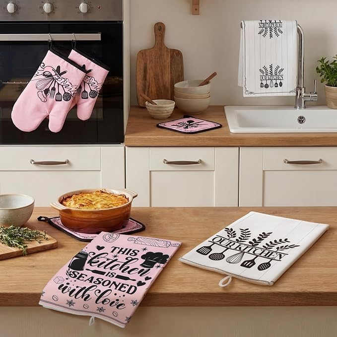 Leinuosen 8 Pcs Kitchen Towels and Oven Mitts Sets Pot Holders Dishcloths Set Kitchen Decorative Accessories Absorbent Potholders Heat Resistant for Chef Baking Cooking