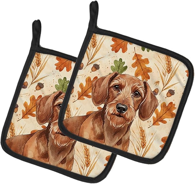 Caroline's Treasures Wirehaired Red Dachshund Heirloom Fall Pair of Pot Holders Pair 7.5x7.5 Quilted Insulated Hot Pads Decorative Kitchen Gift Made in USA