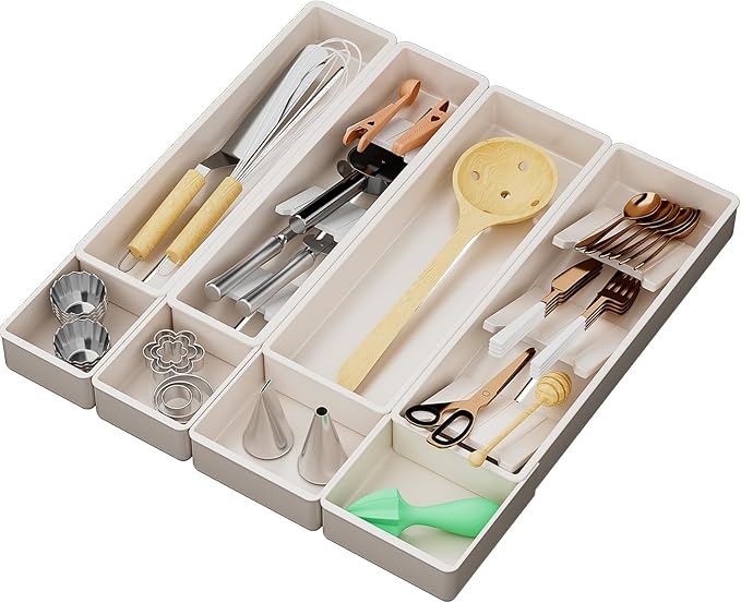 Silverware Drawer Organizer with Expandable Panel & Removable Dividers – Fits 15.67" to 21.18" Kitchen Drawers, Space-Saving Utensil Storage Solution (Milk White, W17.3 x L15.7 inches)