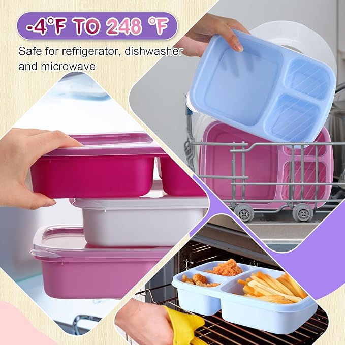 Honeydak 5 Pack Snack Containers 3 Compartment Bento Snack Boxes Divided Meal Prep Containers with Lids Reusable Adults Lunch Food Storage Box for School Work Travel(Blue White Purple)