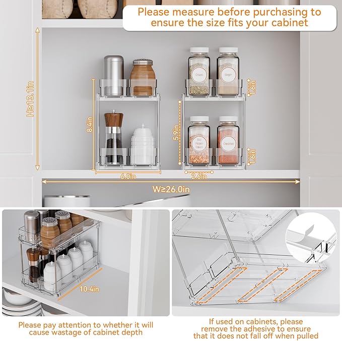 Yieach 2 Tier Sliding Spice Racks for Cabinets,4 Pack 10.4'' Deep Narrow Vertical Spice Rack Pull Out for Inside Cabinets,Kitchen,Pantry,Cupboard Seasoning,Jar Organizer and Medicine Cabinet Storage
