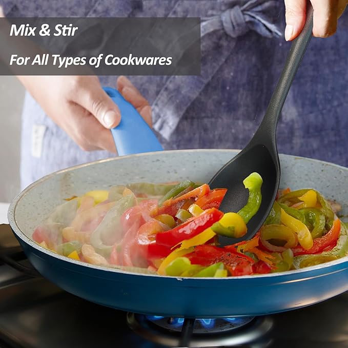 Silicone Slotted Spoons for Cooking - Extra Large Kitchen Spoons for Mixing, Serving, & Stirring - 600°F Heat-Resistant Non Stick Utensils Skimmer- Dishwasher Safe, Slotted, Black