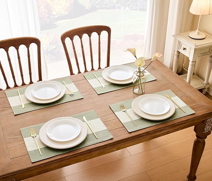 Wracra Linen Placemats, 12 x 18 Inch Set of 4 Placemats, Farmhouse Macrame Place Mats for Kitchen Table and Heat Resistant-Hemstitch Sage Green 4PCS