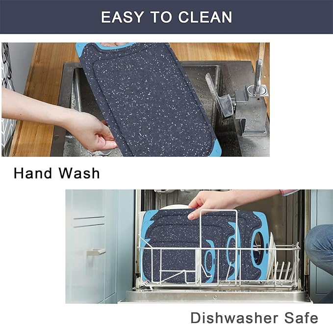 Plastic Cutting Board, 3 Pieces Dishwasher Safe Cutting Boards with Juice Grooves, Easy Grip Handle, Non-Slip, with Grinding Area for Grinding Garlic and Ginger（aqua）