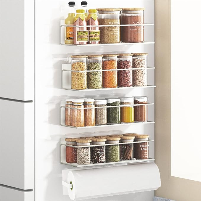 Magnetic Spice Rack For Refrigerator, Space Saving Magnetic Shelf For Fridge White 4 Pack