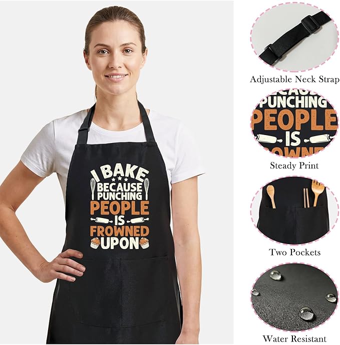 Black Baking Aprons for Women, Adjustable Cooking Baking Kitchen Aprons for Mom Chef with Pockets