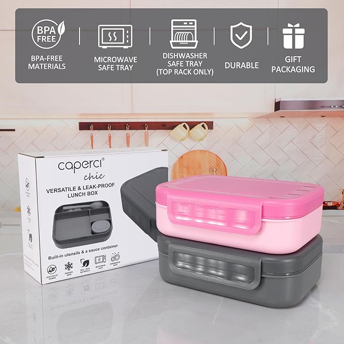 Caperci Stackable Bento Lunch Box for Adult & Teens - Reinforced Leak-Proof Lunch Container 4-Compartment with Utensils & Sauce Container, BPA-Free, Dishwasher/Microwave Safe, 47oz (Dark Gray)
