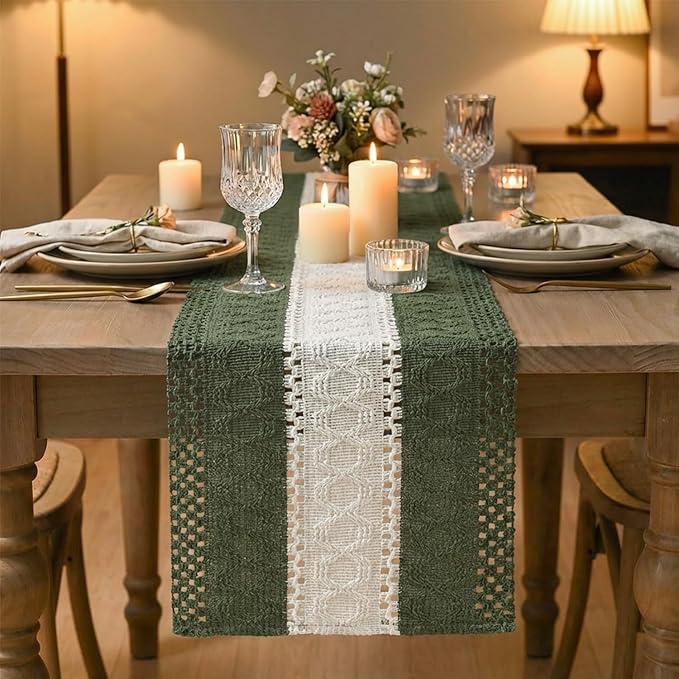 Artoid Mode Army Green Farmhouse Rustic Table Runner, Seasonal Hollow Kitchen Dining Table Decoration for Home Party Decor 12x72 Inch