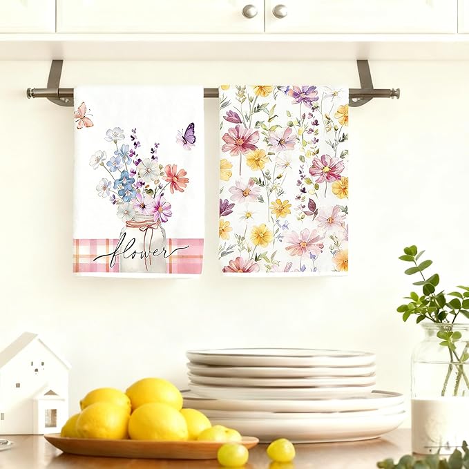 Spring Floral Kitchen Towels Set of 4 – 16×24 Inch Cute Watercolor Wildflower Butterfly Dish Towels, Soft Absorbent Hand Towels, Pink Spring Decor, Housewarming & Birthday Gift for Women