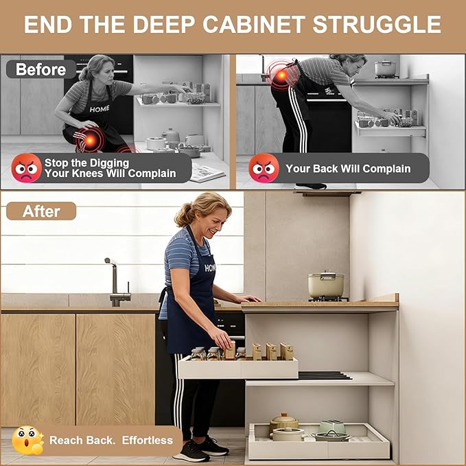 Pull out Cabinet Organizer,Width (7"-11") and Depth (17"-24") Expandable,No Drill Adjustable Slide out Drawers for Kitchen,Pantry,Adhesive Roll out Shelves,for Cabinets Without Lip,White