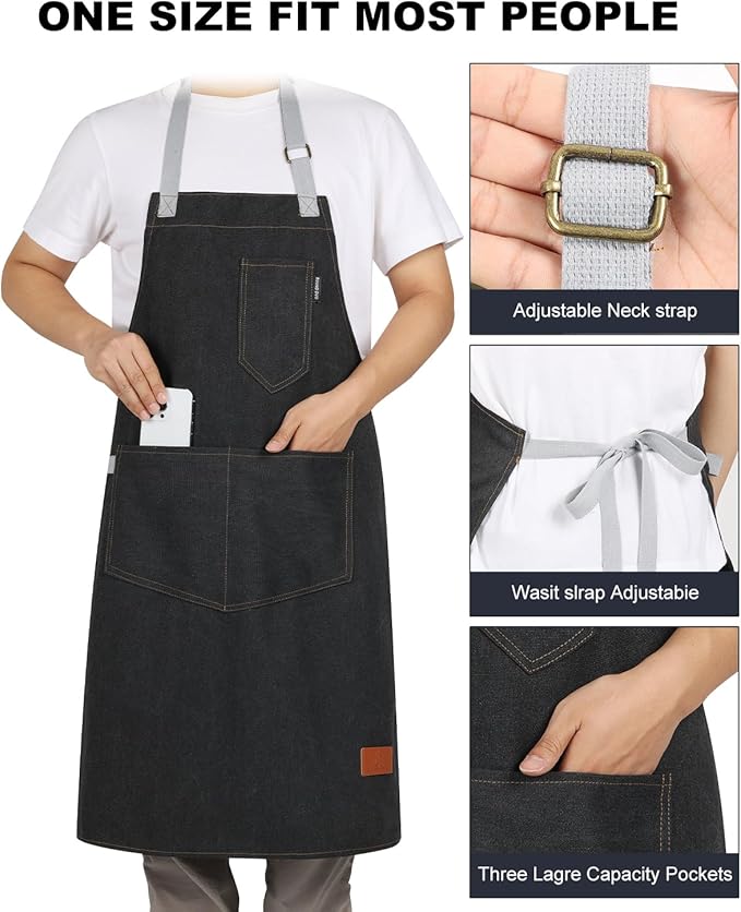 Womens Apron with Pockets Adjustable Shoulder Strap,Aprons for Men 38.5" Extra-Long Straps Fit More Body Types,Chef Apron for Kitchen Garden Barbecue Woodworking(Black)