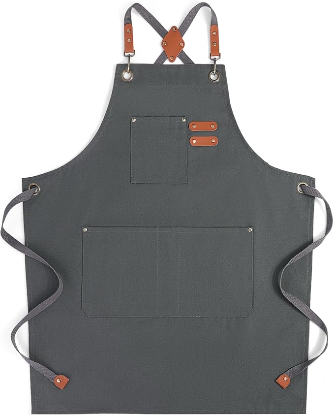 Chef Aprons for Men Women with Large Pockets, Cotton Canvas Water Repellent Kitchen Apron for Cooking