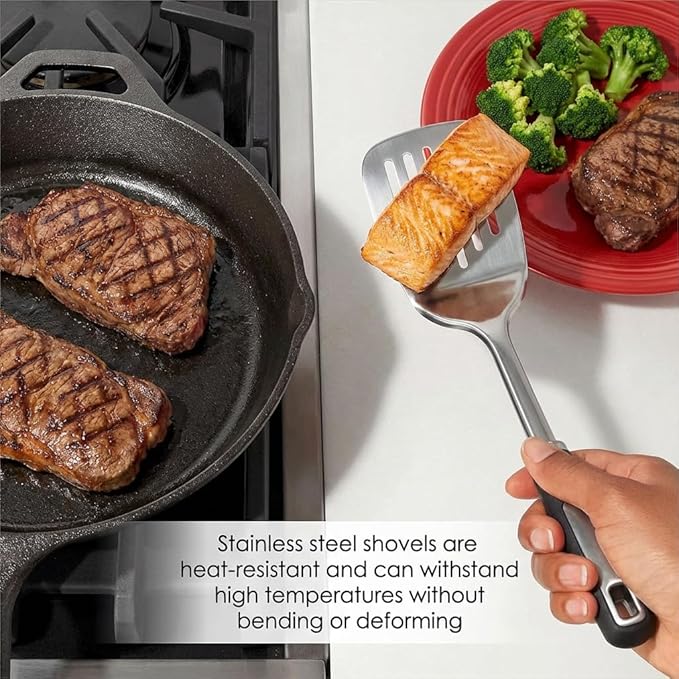 Stainless Steel Spatula Set, 2 Piece Heavy Duty Metal Turner Set, Thickened Solid & Slotted Spatula for Cooking, Heat Resistant Kitchen Utensils for Frying Fish, Eggs, Steak or Pancakes