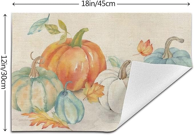 Fall Pumpkin Placemats 12x18 Inch Set of 4, Thanksgiving Watercolors Table Place Mat Maple Leaves Autumn Harvest Washable Table Mats Decorative Linen Fabric Table Mat for Dining Table