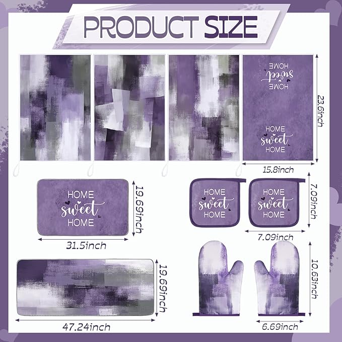 Fourluoo 10 Pcs Grey and Purple Kitchen Decor Purple Oven Mitts and Pot Holders Kit Farmhouse Dish Towels Kitchen Rugs Marble Pattern Oven Gloves for Home Baking Cooking Birthday Summer Gifts Decor