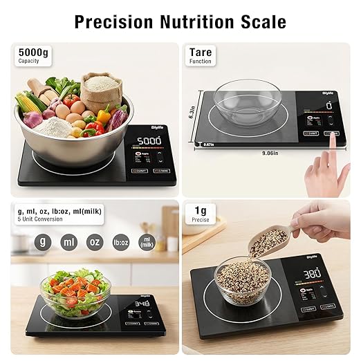 Smart Nutrition Food Scale with TFT Display, Diyife Kitchen Scale with Nutritional Calculator, Calorie, Fat, Carb, Protein Tracking, 50 Food Preload, Support for App Customization, Battery-Powered