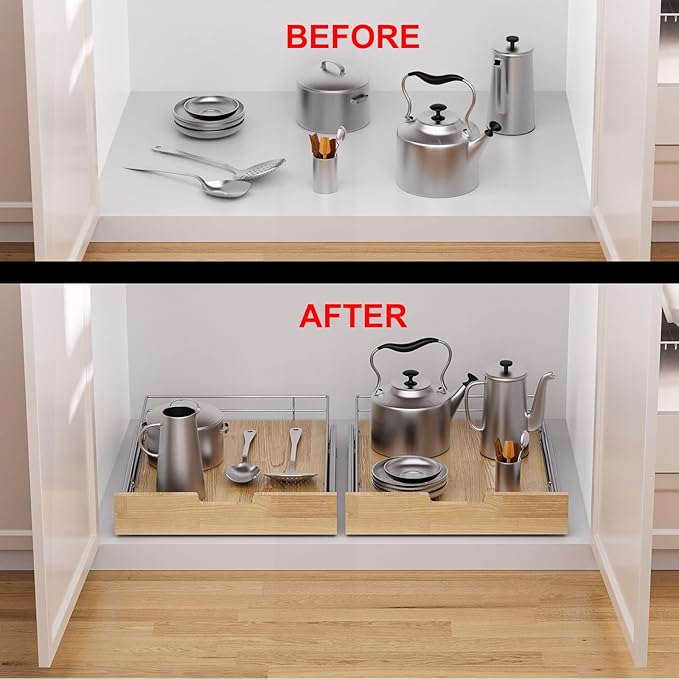 Sikarou Pull Out Cabinet Organizer,Heavy-Duty Slide Out Shelf, Wood And Wire Basket, Pull Out Drawer for for Kitchen Under Sink Space, Pantry, Bathroom (26 * 21 WM)