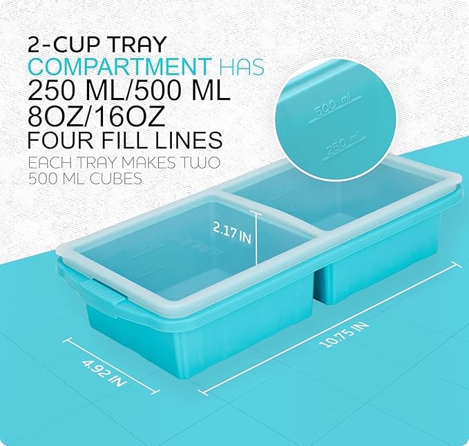 Silicone Freezer Tray With Lid-Soup Freezer Container molds-Large Ice Cube Tray Set Makes 1-Cup & 2-Cup portions cubes Perfect for preparing meals in different portion sizes Oven & Dishwasher -Safe