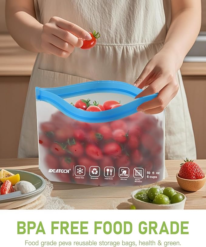 IDEATECH Sandwich Food Storage Bags, BPA Free PEVA Reusable Gallon Freezer Bags, Reusable Sandwich Bag, Healthy Food Containers for Lunch, Travel (Grey, 12Pack-7Gallon+5Quart)