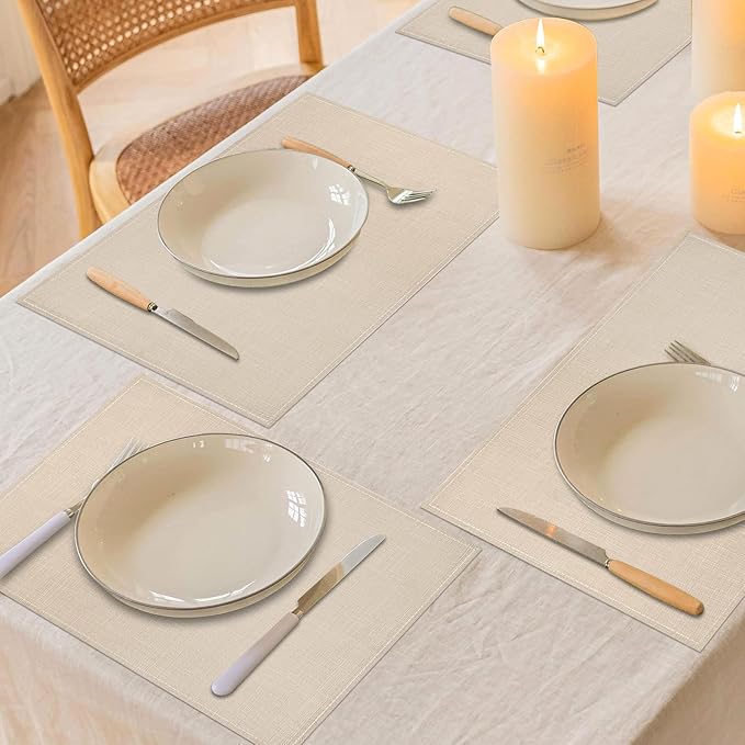 Niviy Beige Placemats Set of 6, 12x18 Inch Washable Easy to Clean Heat-Resistant Anti-Skid Beige Placemats for Holiday Party Kitchen Dining Room Decoration