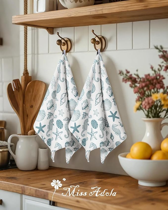 Miss Adola 2pcs Waffle Kitchen Towels - 16x26 Inch Cotton Waffle Weave Dish Cloths Set of 2 with Hanging Loop Absorbent Hand Tea Towels Coastal Design for Housewarming Gift, Nautical