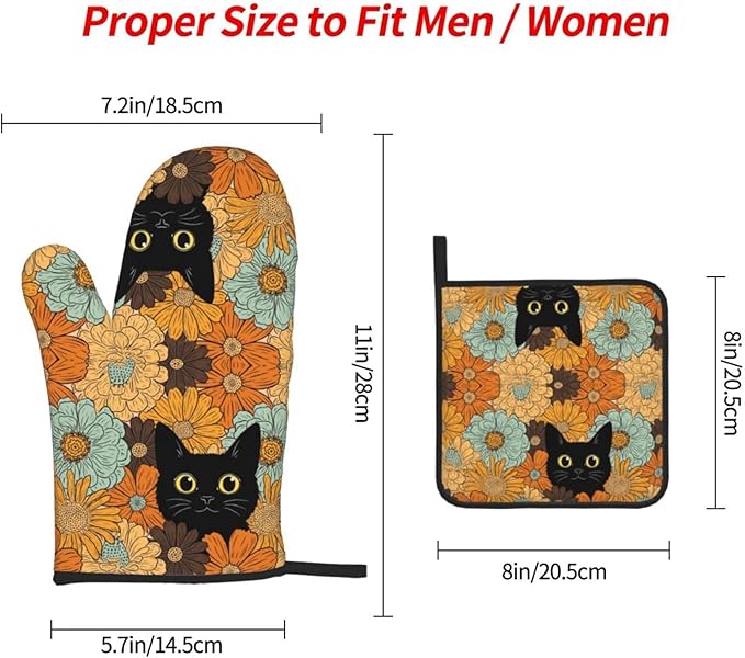 Black Cat Oven Mitts Heat Resistant Set of 3, Retro Orange Floral Oven Gloves and Hot Pads for Cooking Baking Grilling BBQ, Cat Lover Gifts for Women Baker, Cute Kitchen Mitts